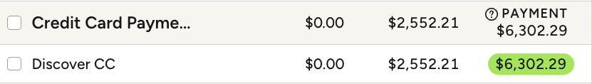 The Credit Card Payments group in YNAB with a Discover CC row, its Available amount shown in green, meaning the full balance is set aside to pay.