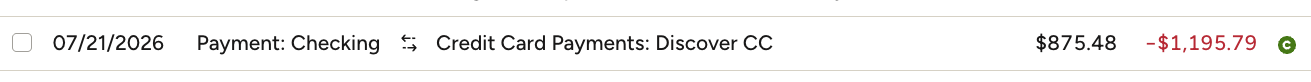 A YNAB register row showing a credit card payment recorded as a transfer from the Checking account to the Credit Card Payments Discover CC account, with no spending category assigned.